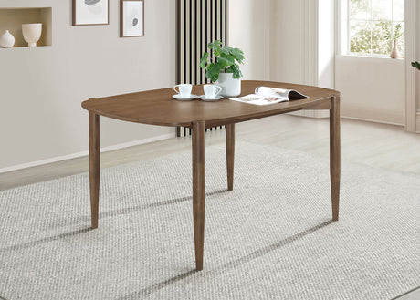 Dortch 63" Dining Table & Sets - Mid-Century Walnut Rubberwood with Curved-Back Brown Upholstered Chairs – view 1