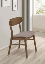 Dortch 63" Dining Table & Sets - Mid-Century Walnut Rubberwood with Curved-Back Brown Upholstered Chairs - lifestyle