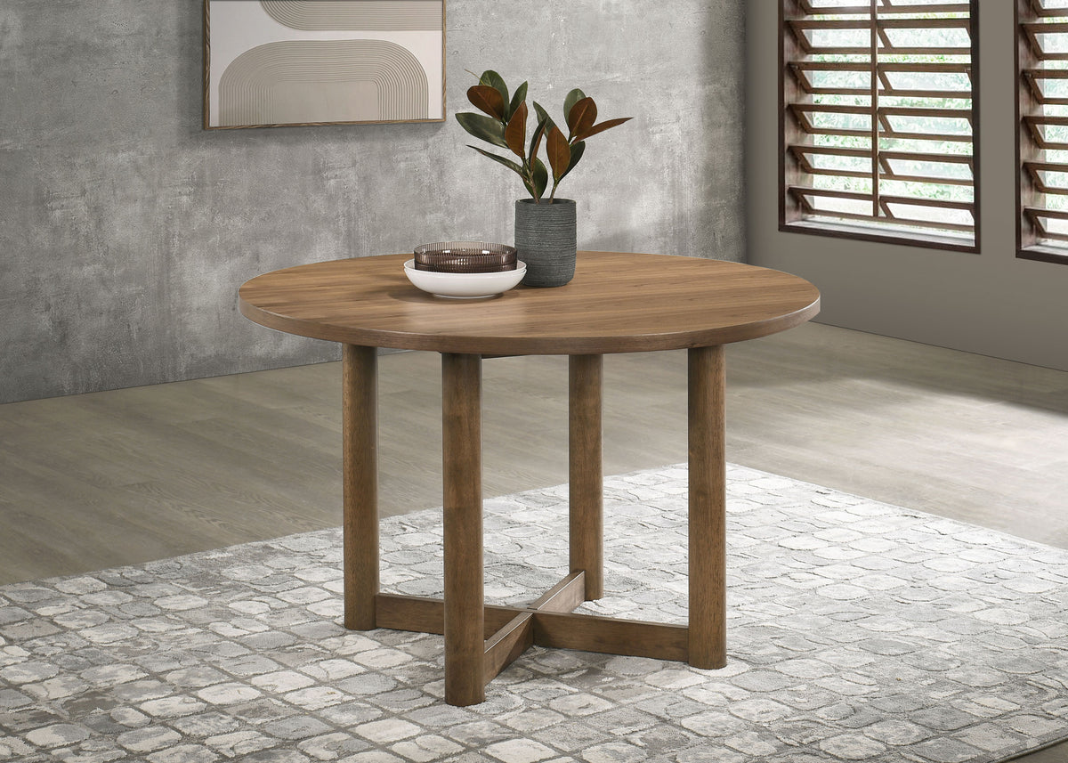 Crestmore Dining Collection - 71" Rectangular Trestle or 46" Round Table, Wedge-Back Chairs & Sideboard in Walnut - lifestyle