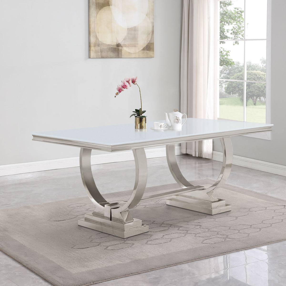 Antoine 95" Rectangular Glass Top Dining Table - Contemporary Polished Stainless Steel Trestle Base – view 1