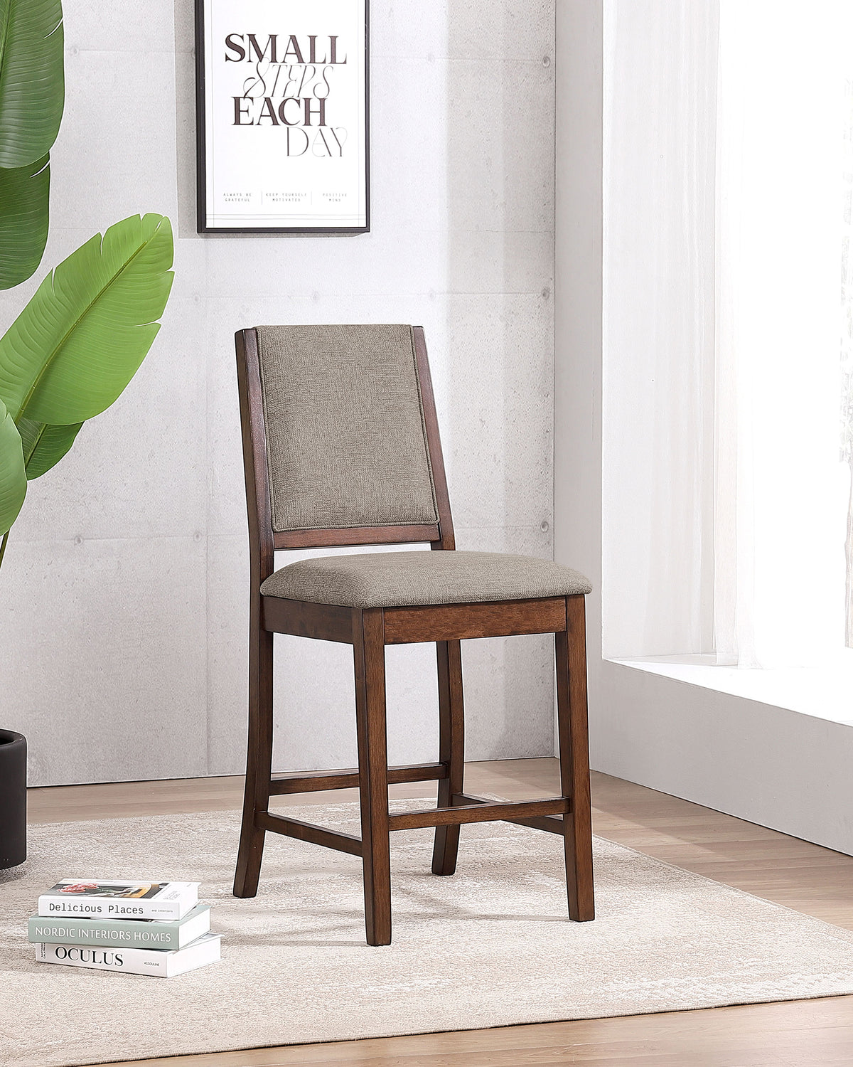 Patterson Counter Height Dining Table & Sets - Industrial Mango Oak & Black with Beige Upholstered Chairs - lifestyle
