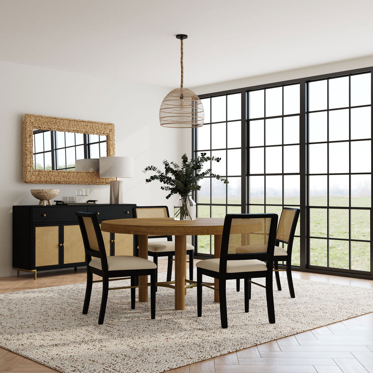 Arini Round or Extension Dining Table & Sets - 5pcs- Round Table + 4 Black Chairs