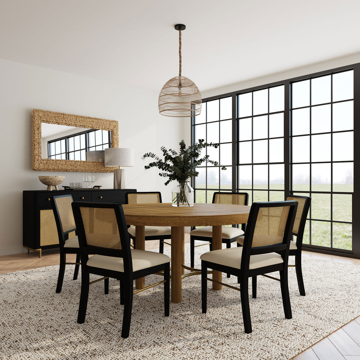 Arini Round or Extension Dining Table & Sets - 7pcs- Round Table + 6 Black Chairs