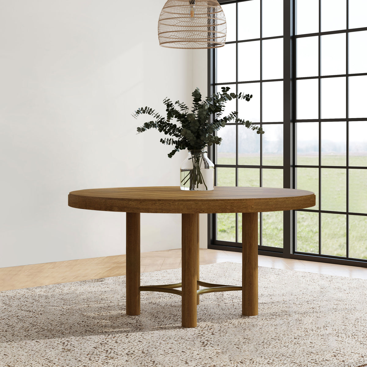Arini Round or Extension Dining Table & Sets - Sand Wash Ash with Rattan Cane Chairs & Aged Brass Accents – view 1