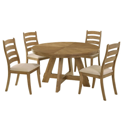 Danvers 54" Round Dining Table & Set - Farmhouse Brown Oak Starburst Top with Ladder Back Chairs – view 12