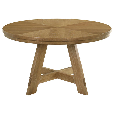Danvers 54" Round Dining Table & Set - Farmhouse Brown Oak Starburst Top with Ladder Back Chairs – view 6