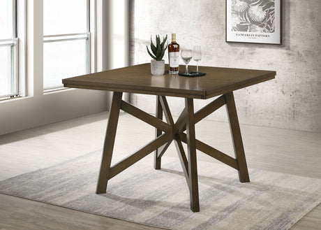 Canfield 47" Square Counter Height Dining Table & Set - Brown Mindi Veneer with Grey Upholstered Chairs – view 1