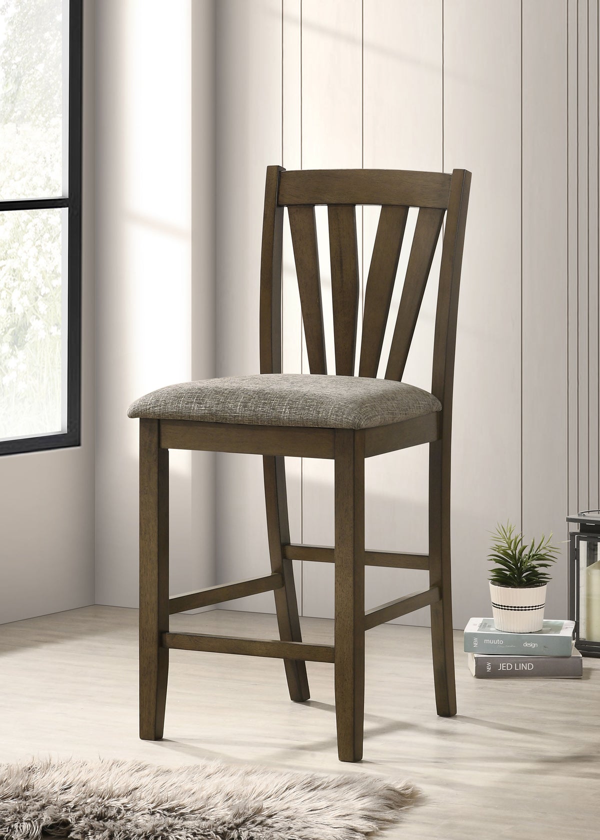 Canfield 47" Square Counter Height Dining Table & Set - Brown Mindi Veneer with Grey Upholstered Chairs - lifestyle