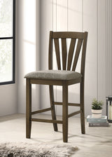 Canfield 47" Square Counter Height Dining Table & Set - Brown Mindi Veneer with Grey Upholstered Chairs - lifestyle