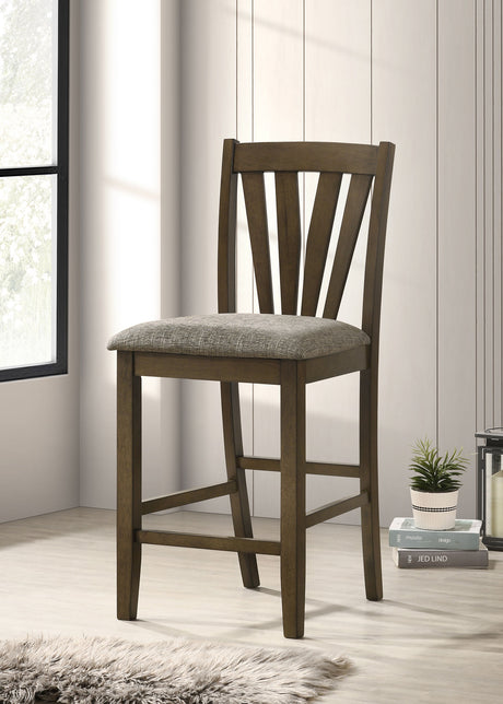 Canfield 47" Square Counter Height Dining Table & Set - Brown Mindi Veneer with Grey Upholstered Chairs - lifestyle