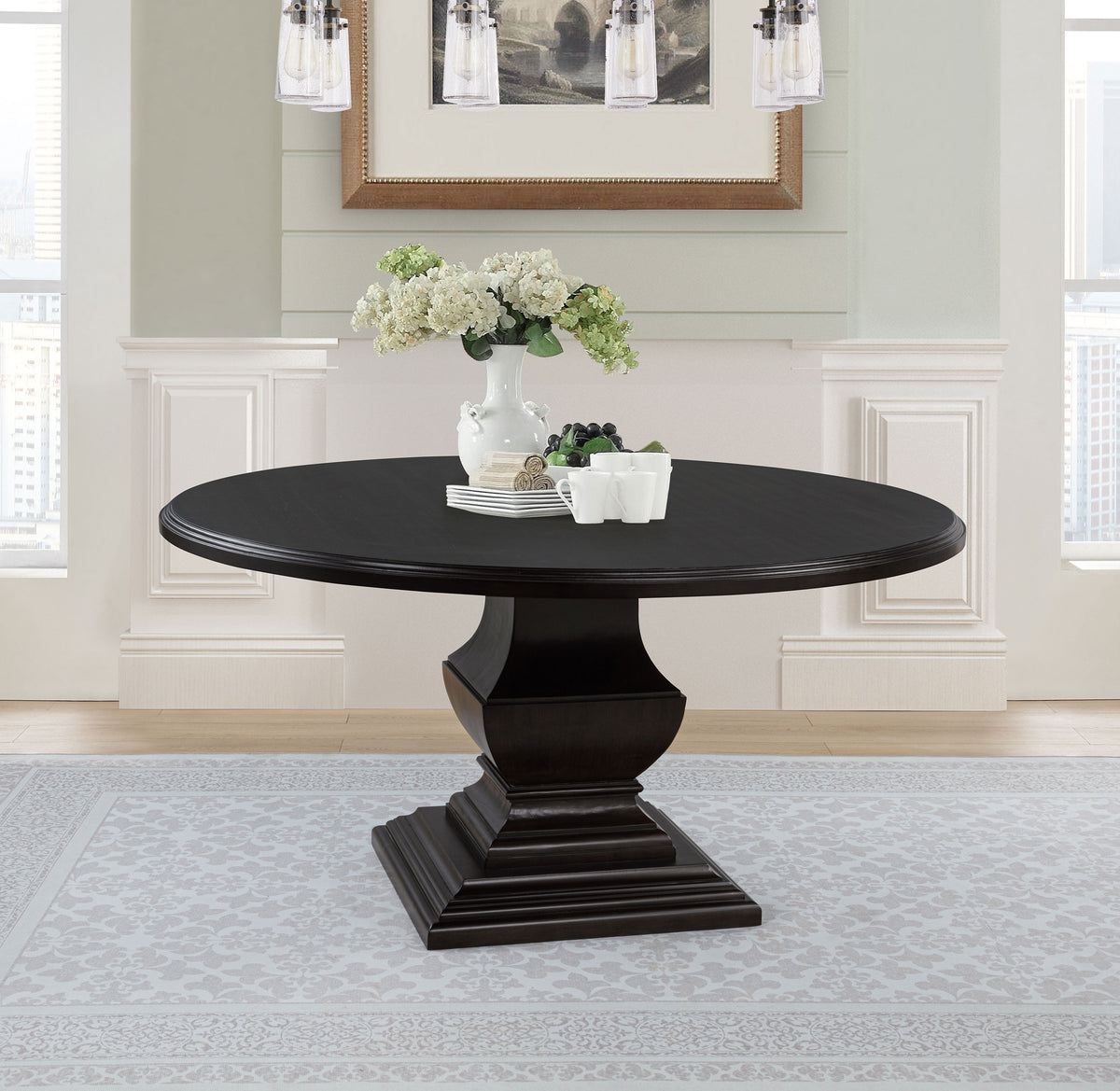 Twyla 60" Round Pedestal Dining Table & Sets - Traditional Dark Cocoa with Cream Oval-Back Chairs – view 1
