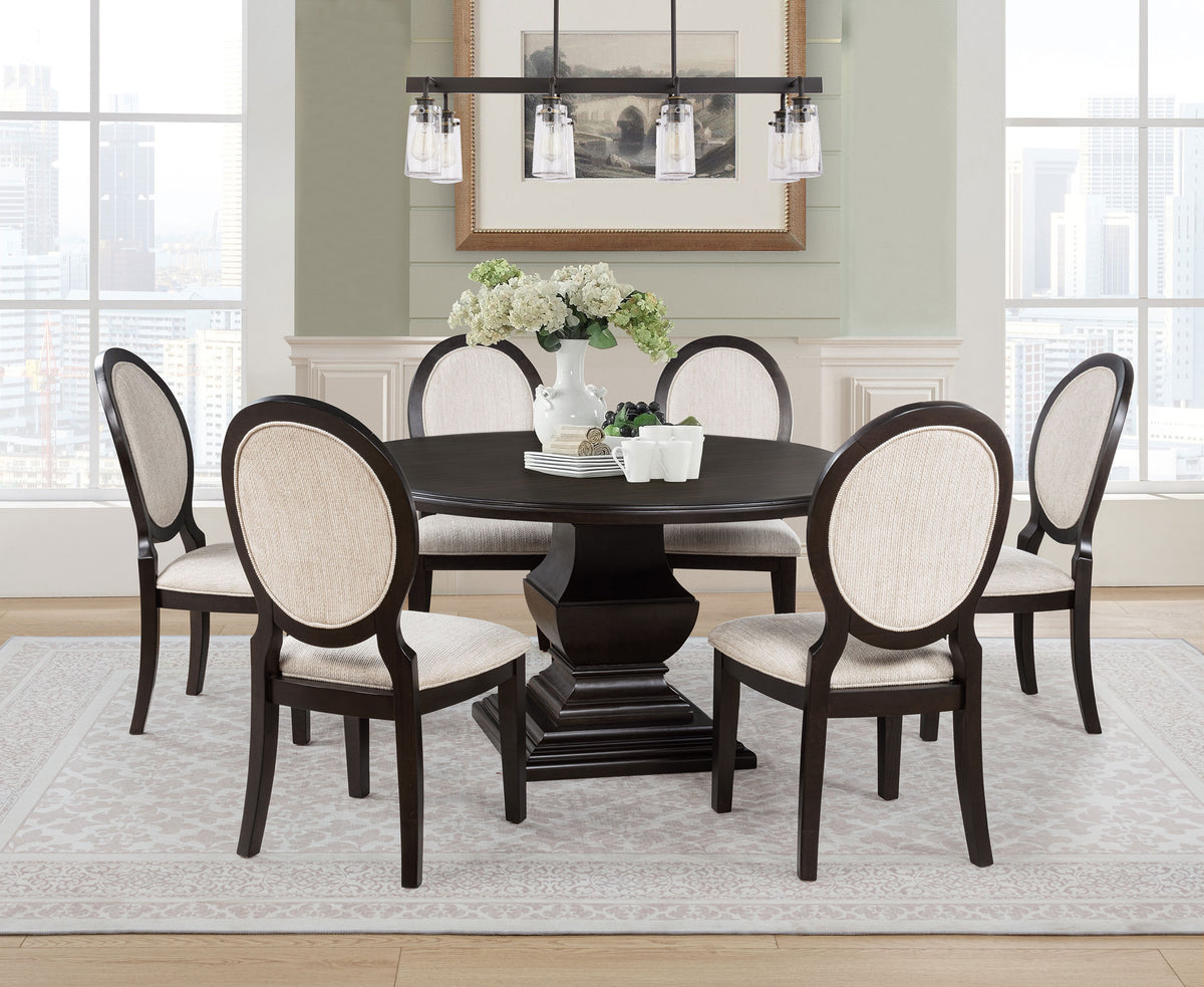 Twyla 60" Round Pedestal Dining Table & Sets - Traditional Dark Cocoa with Cream Oval-Back Chairs – view 9