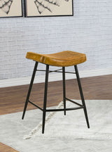 Bayu Genuine Leather Backless Counter Stools (Set of 2) - Channel Tufted Antique Camel with Black Iron Base – view 1