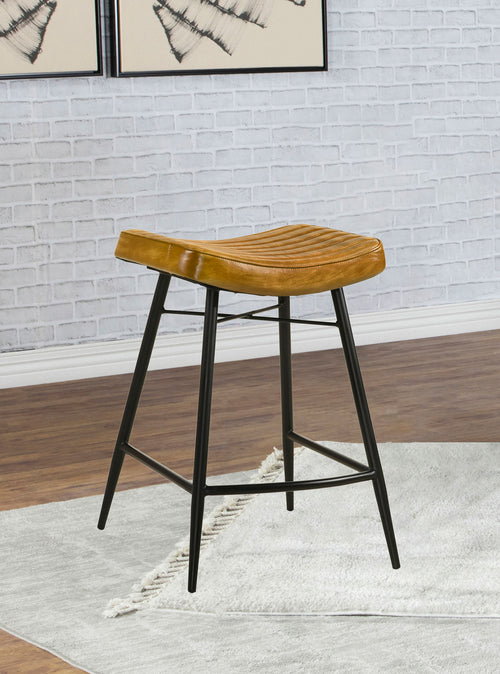 Bayu Genuine Leather Backless Counter Stools (Set of 2) - Channel Tufted Antique Camel with Black Iron Base