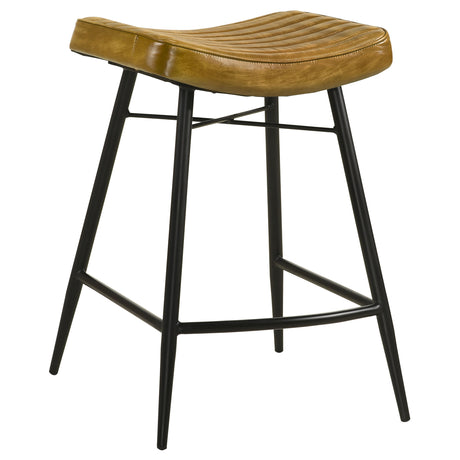 Bayu Genuine Leather Backless Counter Stools (Set of 2) - Channel Tufted Antique Camel with Black Iron Base – view 3