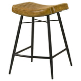 Bayu Genuine Leather Backless Counter Stools (Set of 2) - Channel Tufted Antique Camel with Black Iron Base – view 5