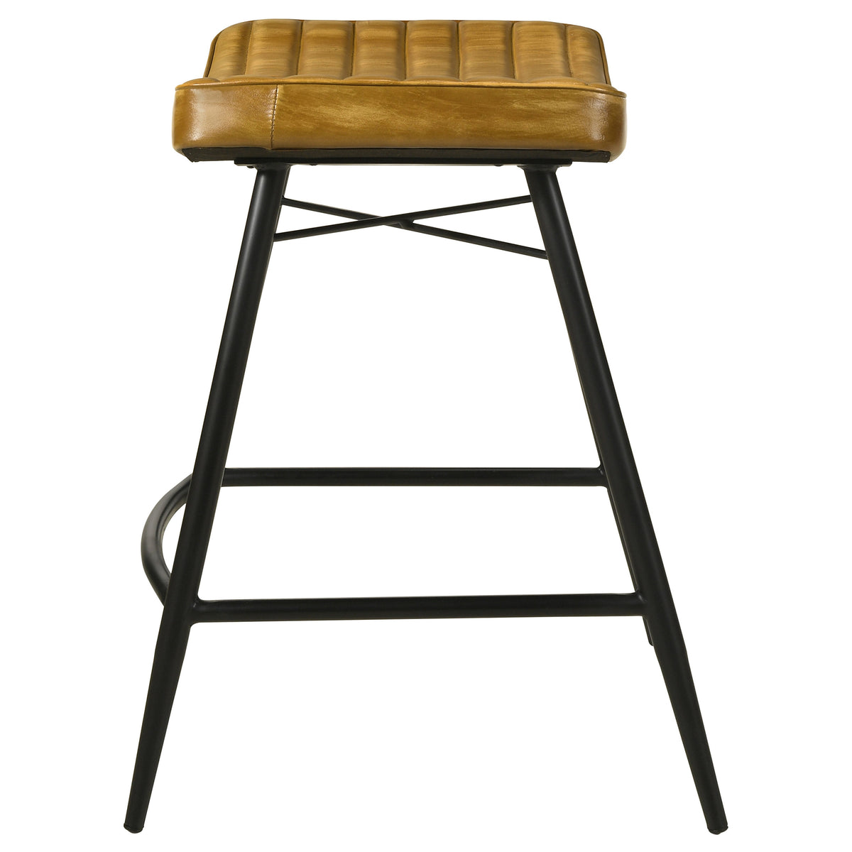 Bayu Genuine Leather Backless Counter Stools (Set of 2) - Channel Tufted Antique Camel with Black Iron Base – view 6