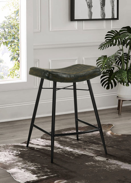 Bayu Backless Leather Bar & Counter Stools - Channel-Tufted Antique Espresso on Black Iron, Set of 2 – view 1