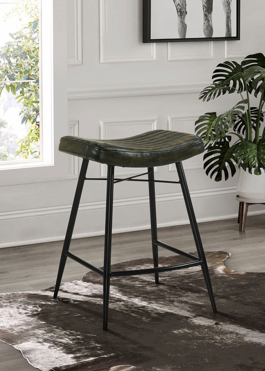 Bayu Backless Leather Bar & Counter Stools - Channel-Tufted Antique Espresso on Black Iron, Set of 2