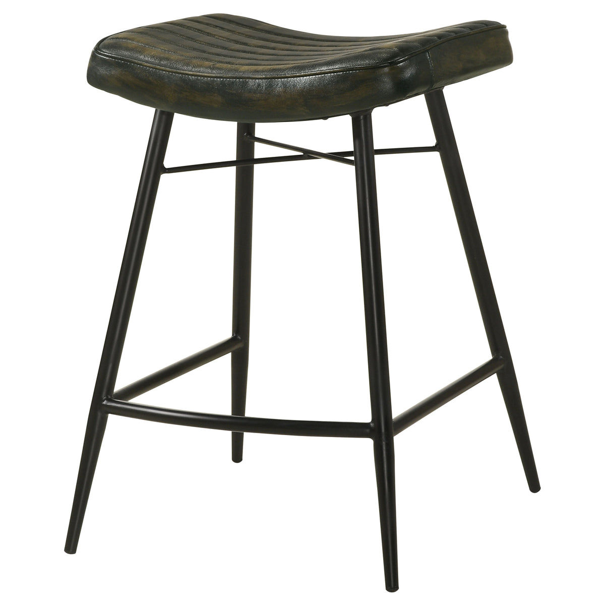 Bayu Backless Leather Bar & Counter Stools - Channel-Tufted Antique Espresso on Black Iron, Set of 2 – view 7