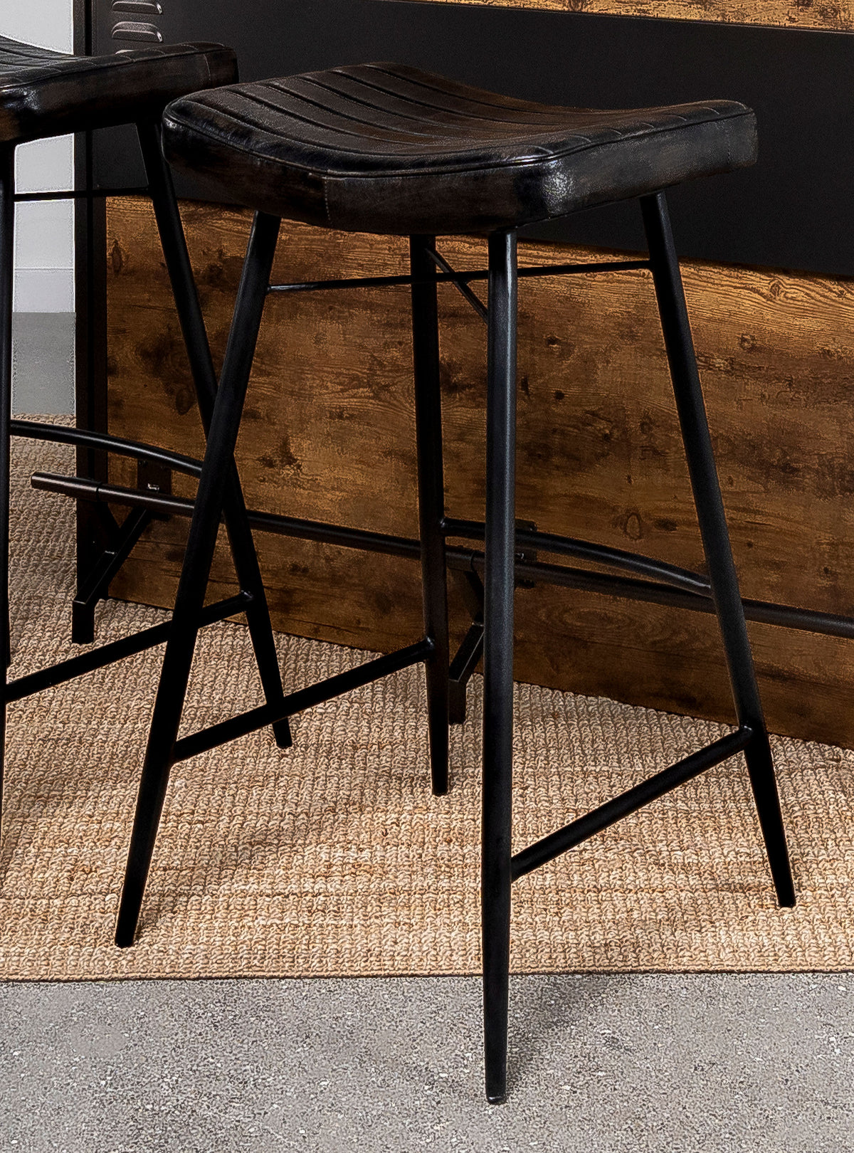 Bayu Backless Leather Bar & Counter Stools - Channel-Tufted Antique Espresso on Black Iron, Set of 2 – view 2