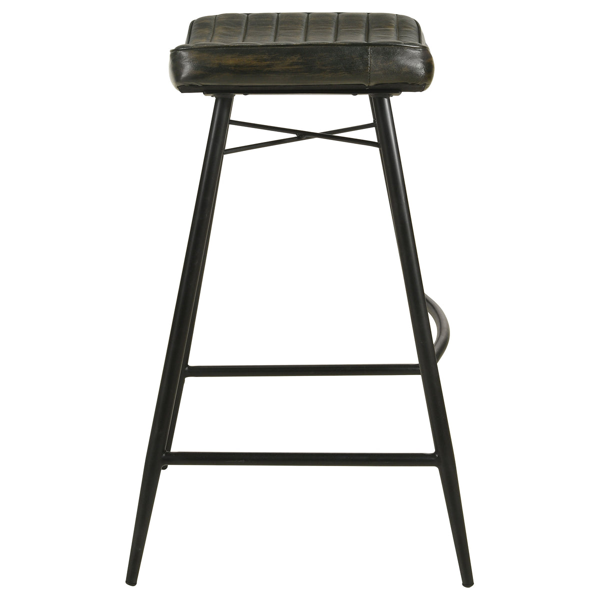 Bayu Backless Leather Bar & Counter Stools - Channel-Tufted Antique Espresso on Black Iron, Set of 2 – view 14