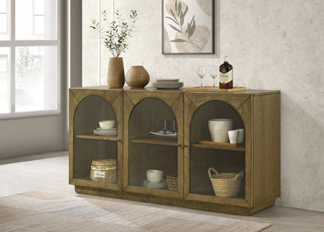 Castlewood 71" Dining Table, Sets & Sideboard - Mid-Century Brown Oak with Light Tan Chenille Chairs - lifestyle