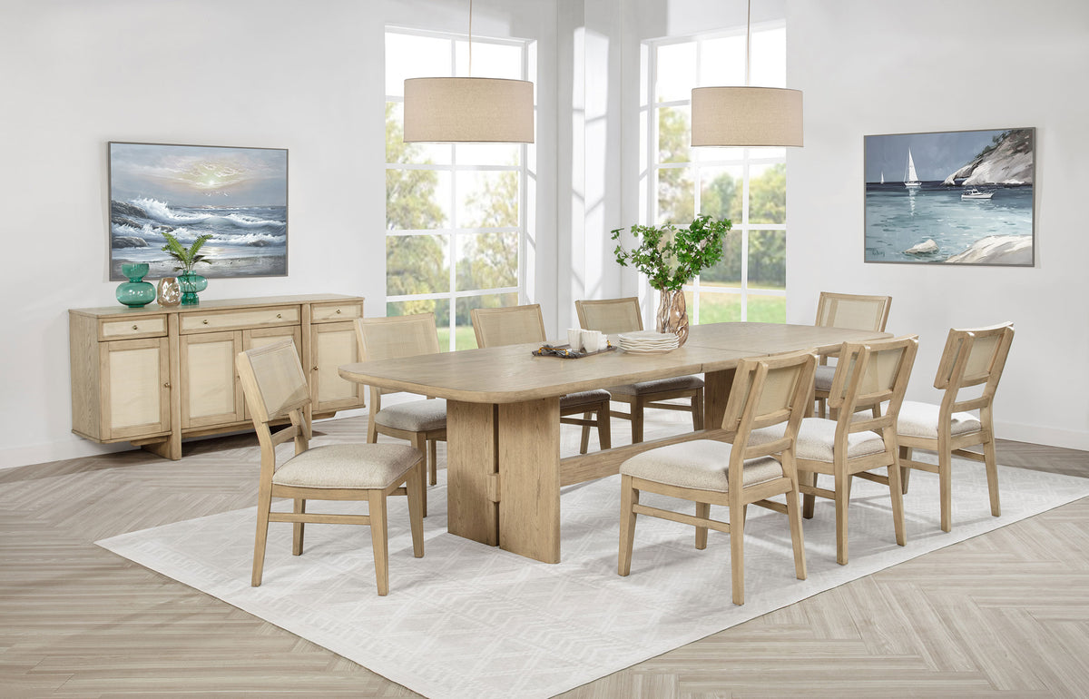 Kailani 110" Extension Dining Table & Sets - Coastal Beige Oak with Cane-Back Chairs, Sideboard & Vitrine – view 19