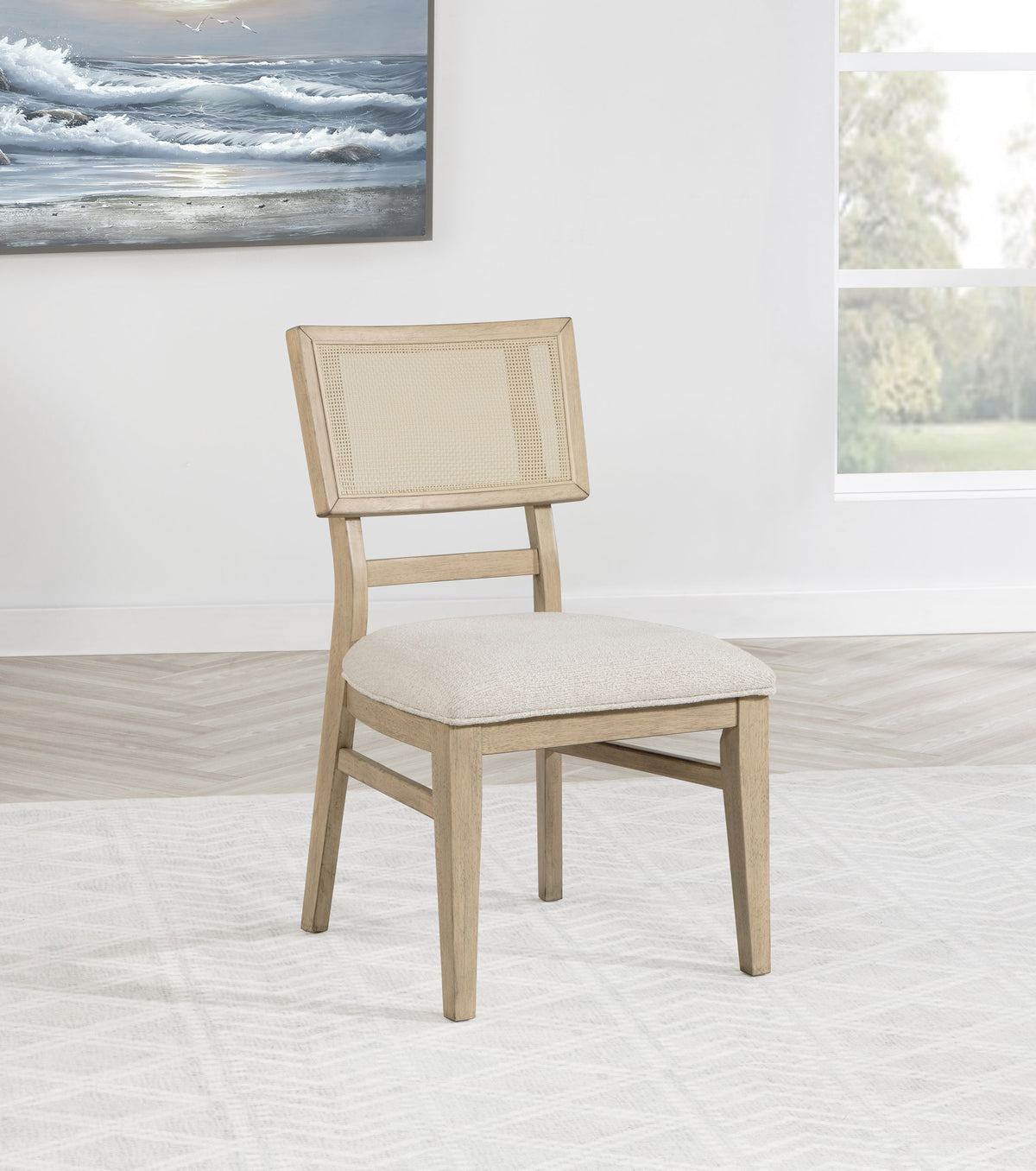 Kailani 110" Extension Dining Table & Sets - Coastal Beige Oak with Cane-Back Chairs, Sideboard & Vitrine - lifestyle