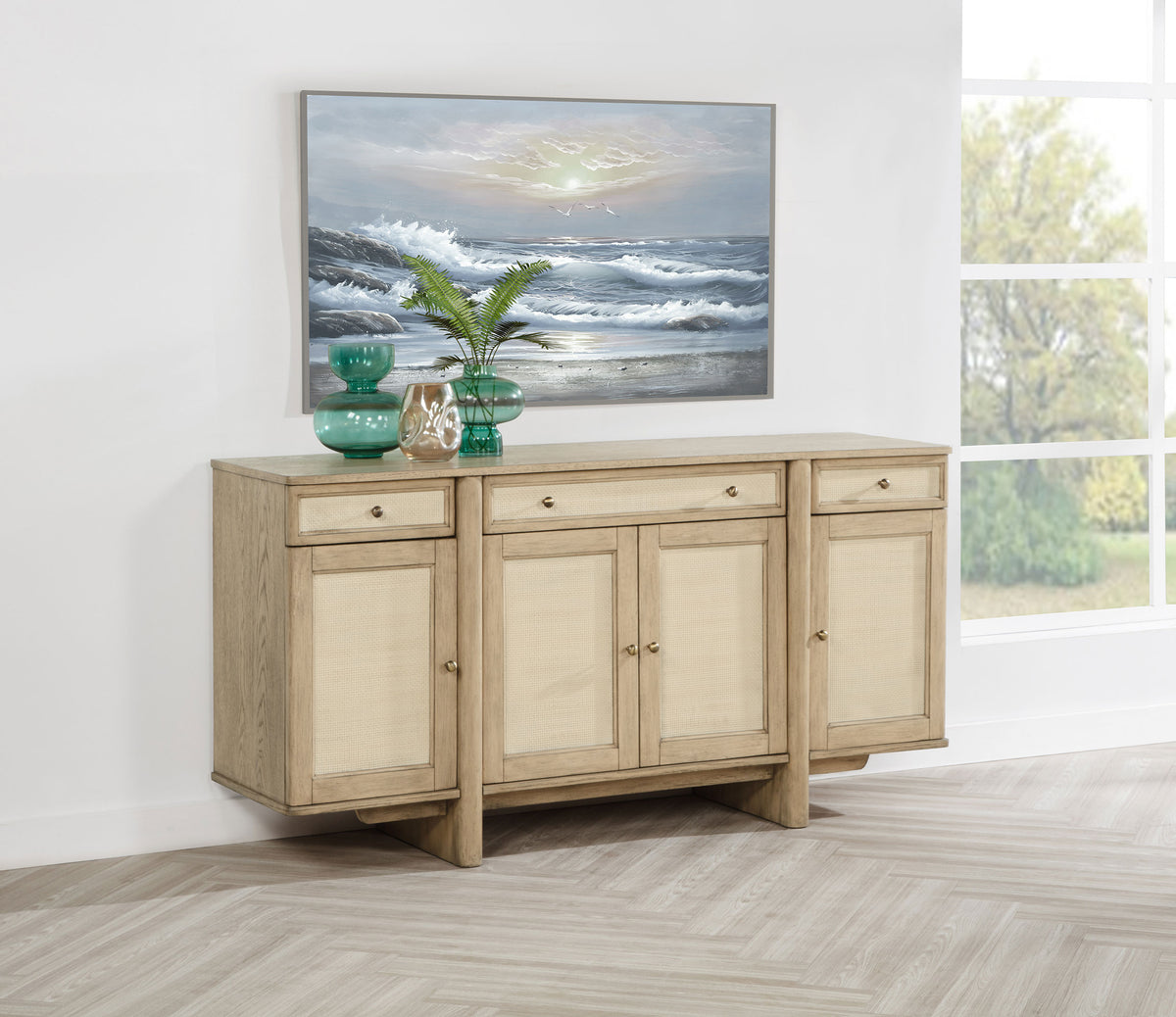 Kailani 110" Extension Dining Table & Sets - Coastal Beige Oak with Cane-Back Chairs, Sideboard & Vitrine - lifestyle