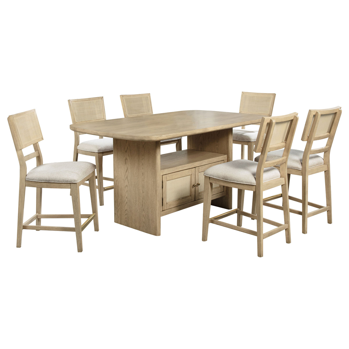 Kailani Counter Height Storage Dining Table & Sets - Coastal Beige Oak with Woven-Look Counter Chairs