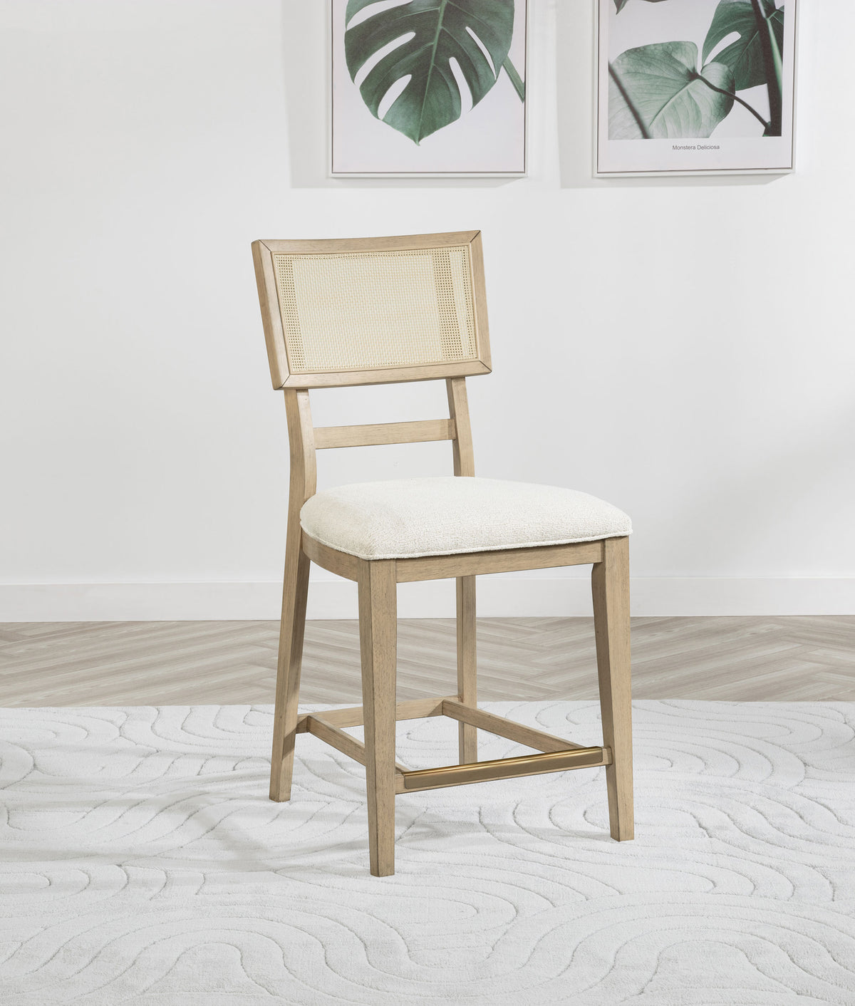 Kailani Counter Height Storage Dining Table & Sets - Coastal Beige Oak with Woven-Look Counter Chairs - lifestyle
