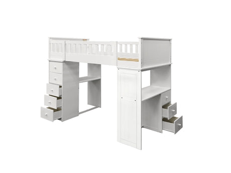 Willoughby Twin Loft Bed with Desk, 5-Drawer Chest & Shelves