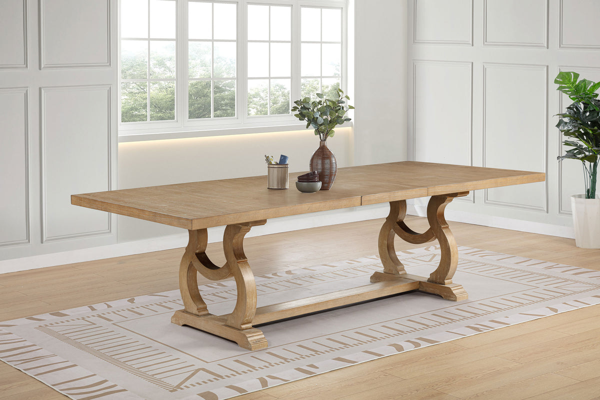 Brockway Extension Dining Table & Sets - Double Pedestal Barley Brown with Tufted Cream Chairs & Sideboard – view 1