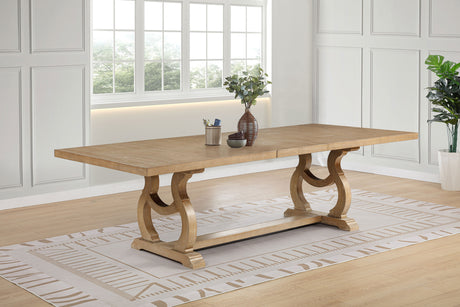 Brockway Extension Dining Table & Sets - Double Pedestal Barley Brown with Tufted Cream Chairs & Sideboard – view 1