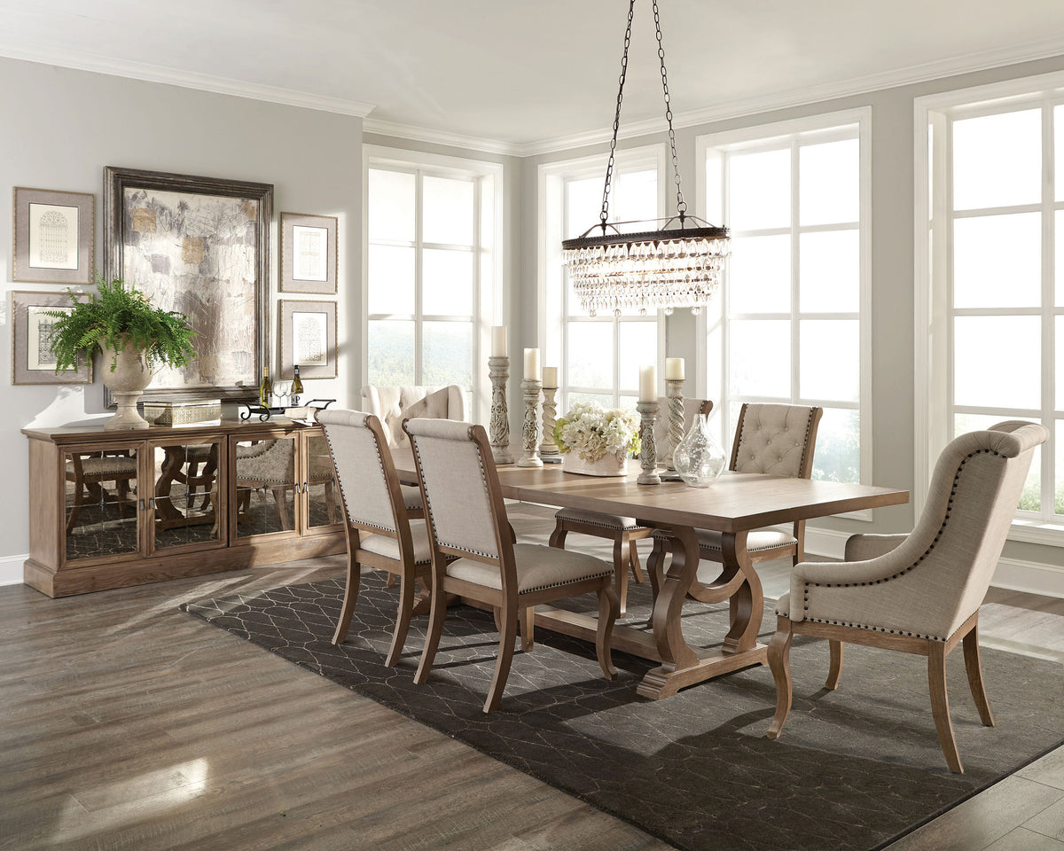 Brockway Extension Dining Table & Sets - Double Pedestal Barley Brown with Tufted Cream Chairs & Sideboard