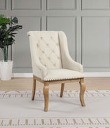 Brockway Extension Dining Table & Sets - Double Pedestal Barley Brown with Tufted Cream Chairs & Sideboard - lifestyle