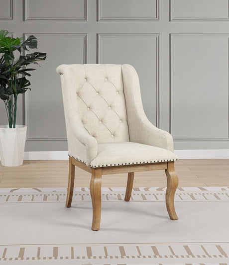 Brockway Extension Dining Table & Sets - Double Pedestal Barley Brown with Tufted Cream Chairs & Sideboard - lifestyle