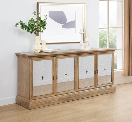 Brockway Extension Dining Table & Sets - Double Pedestal Barley Brown with Tufted Cream Chairs & Sideboard - lifestyle