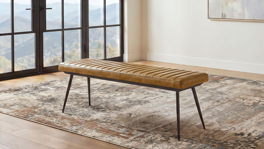 Misty Genuine Leather Dining Bench - Vertical Tufted Seat on Black Metal Base, Antique Camel or Espresso