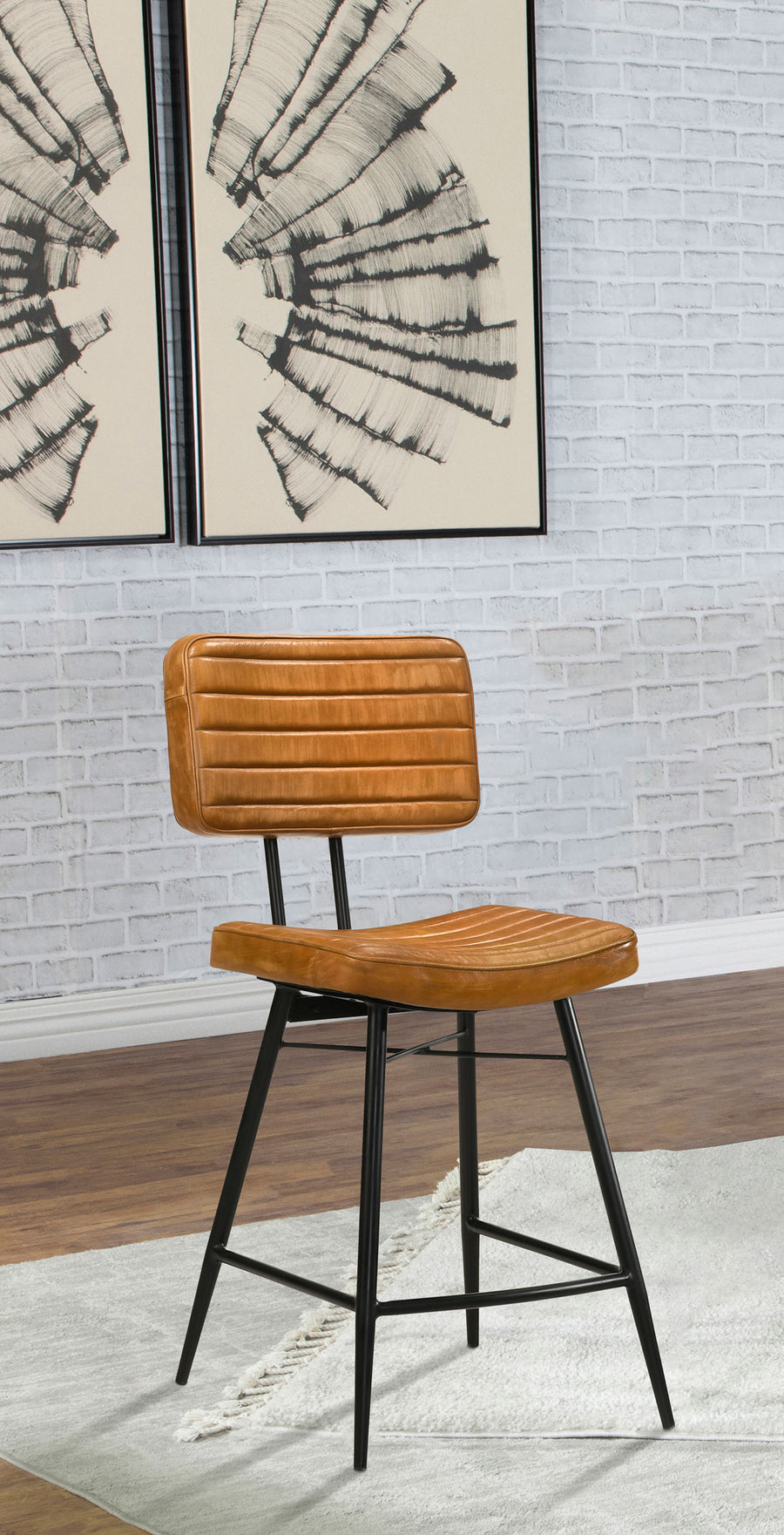 Partridge Genuine Leather Counter Chairs (Set of 2) - Channel-Tufted Back on Black Iron Frame in Camel or Espresso