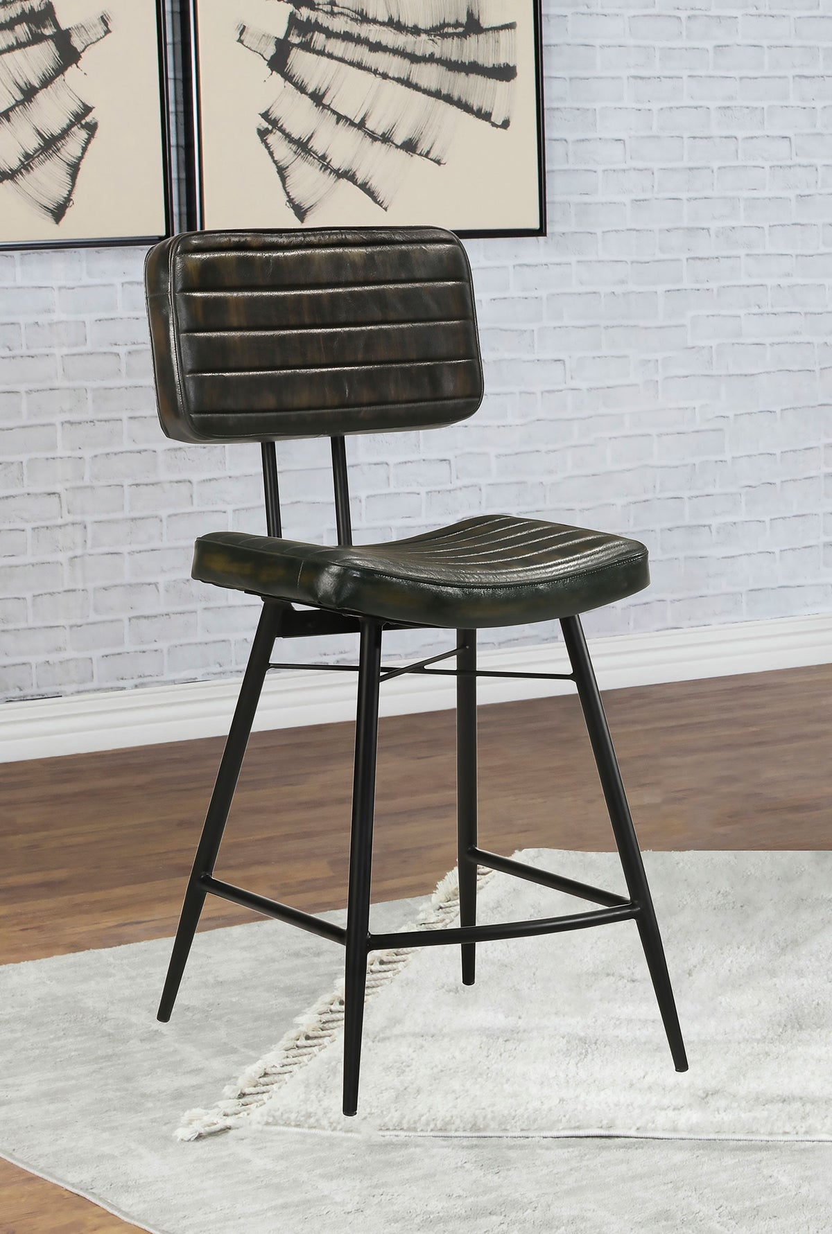 Partridge Genuine Leather Counter Chairs (Set of 2) - Channel-Tufted Back on Black Iron Frame in Camel or Espresso – view 2