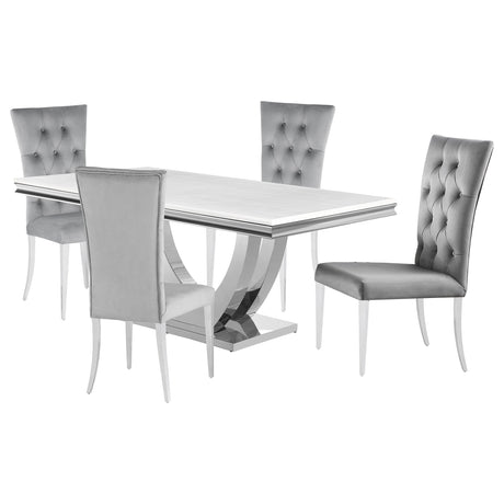 Kerwin 71" Stone Top Dining Table & Sets - White Sintered Stone on Chrome Pedestal with Grey Velvet Chairs – view 13
