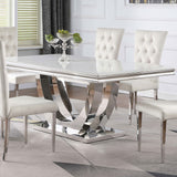 Kerwin 71" Stone Top Dining Table & Sets - White Sintered Stone on Chrome Pedestal with Grey Velvet Chairs – view 1