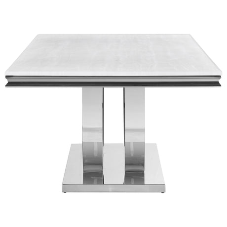 Kerwin 71" Stone Top Dining Table & Sets - White Sintered Stone on Chrome Pedestal with Grey Velvet Chairs – view 7