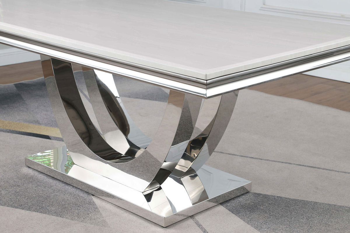 Kerwin 71" Stone Top Dining Table & Sets - White Sintered Stone on Chrome Pedestal with Grey Velvet Chairs – view 10