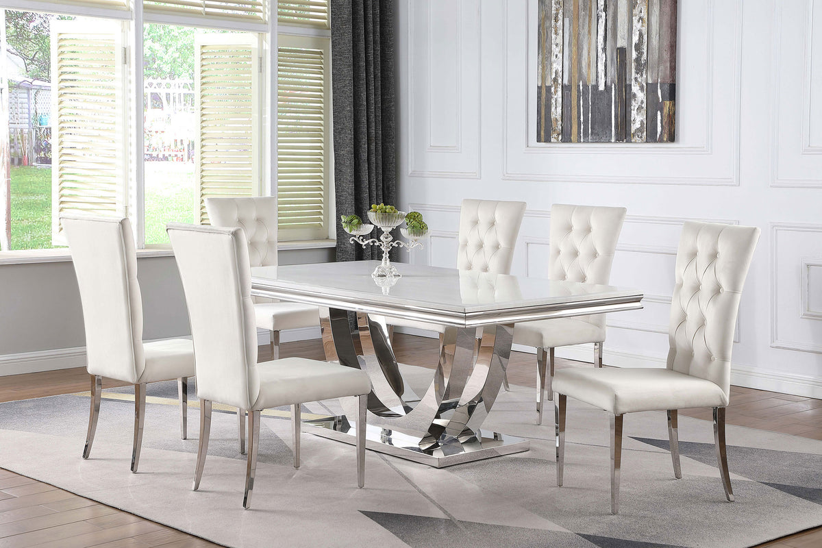 Kerwin 71" Stone Top Dining Table & Sets - White Sintered Stone on Chrome Pedestal with Grey Velvet Chairs – view 12
