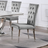 Kerwin 71" Stone Top Dining Table & Sets - White Sintered Stone on Chrome Pedestal with Grey Velvet Chairs - lifestyle