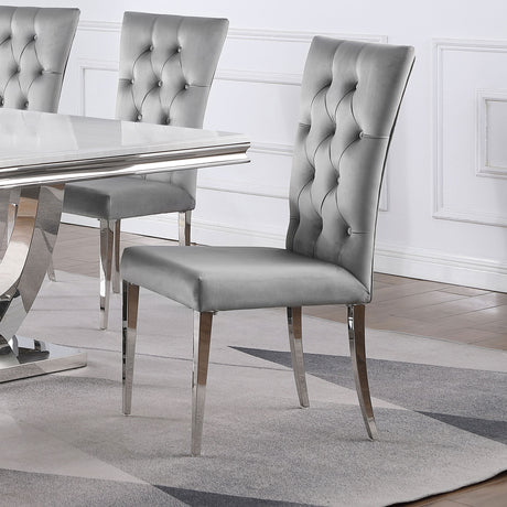 Kerwin 71" Stone Top Dining Table & Sets - White Sintered Stone on Chrome Pedestal with Grey Velvet Chairs - lifestyle