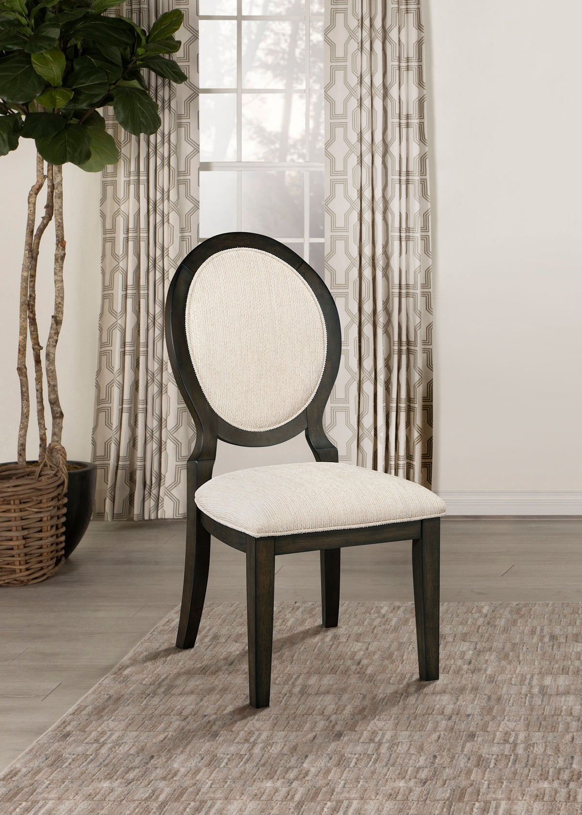 Twyla Oval Back Dining Side Chairs, Set of 2 - Cream Upholstery on Dark Cocoa Wood – view 1